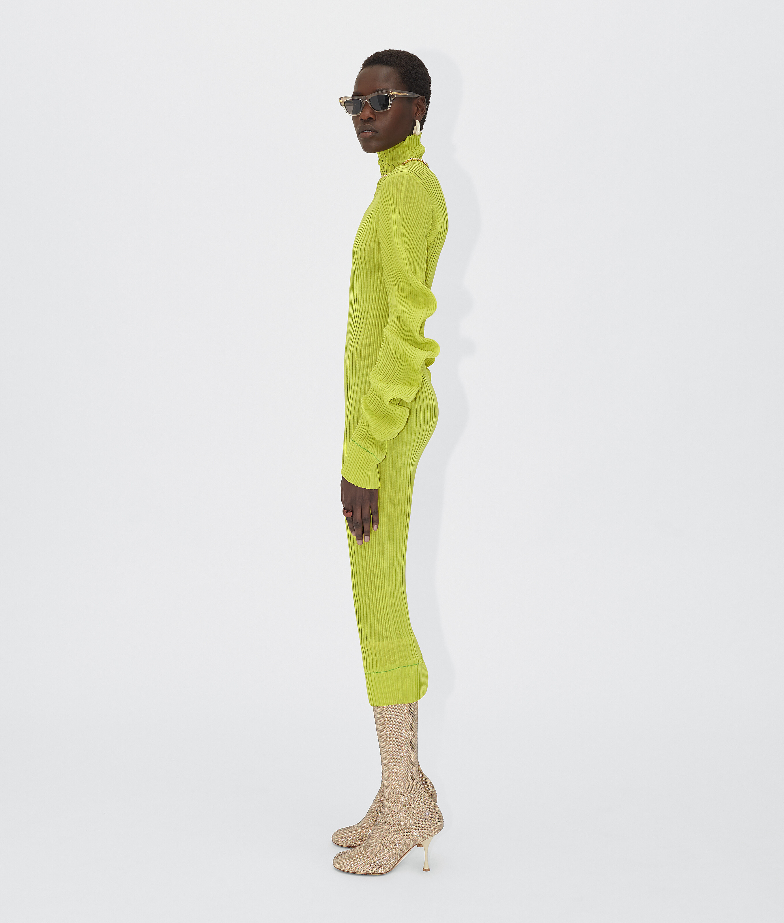 Bottega Veneta Turtleneck Cut-out Rib-knit Dress In Green