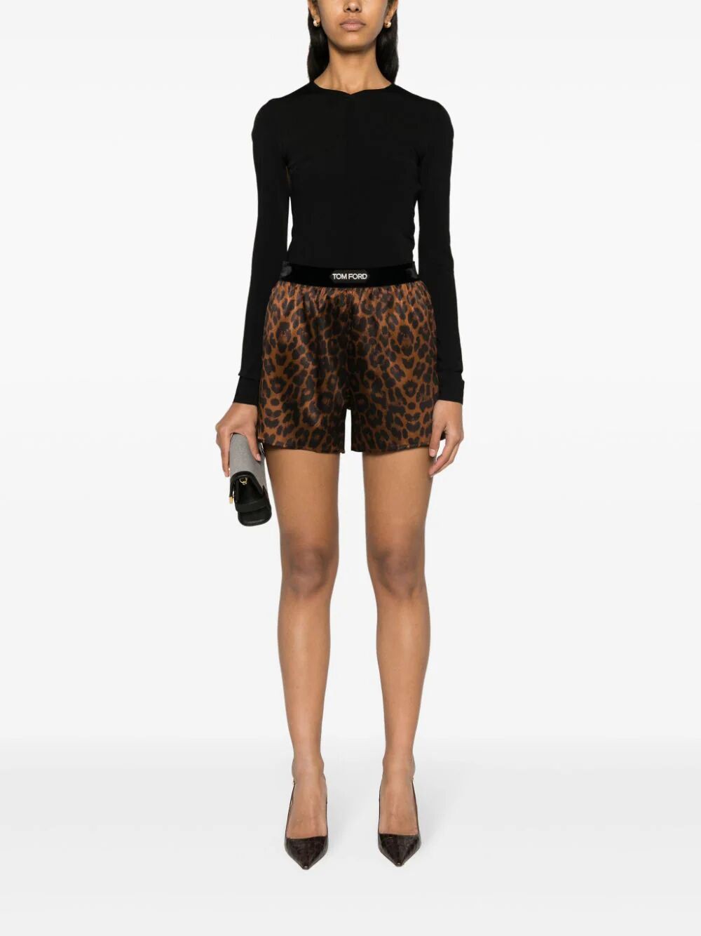 Tom Ford Velvet-trimmed Leopard-print Silk-blend Satin Shorts In Black
