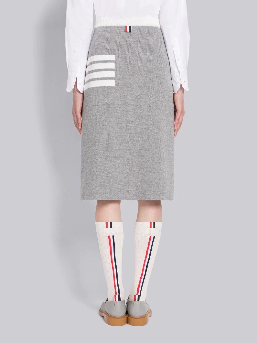 THOM BROWNE A-LINE MERINO WOOL MIDI SKIRT