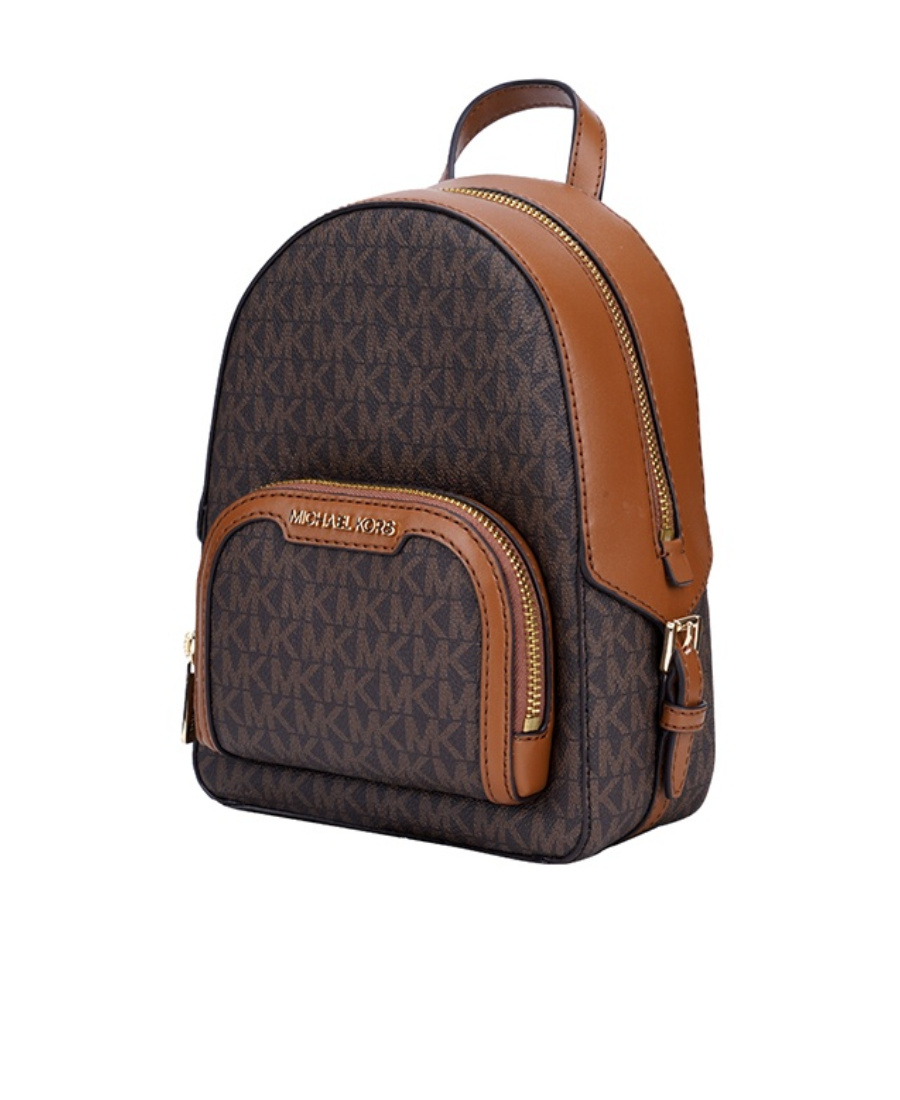 Michael Kors Jaycee Mini Xs Brown Signature Pvc Zip Pocket Shoulder Backpack Bag In Black