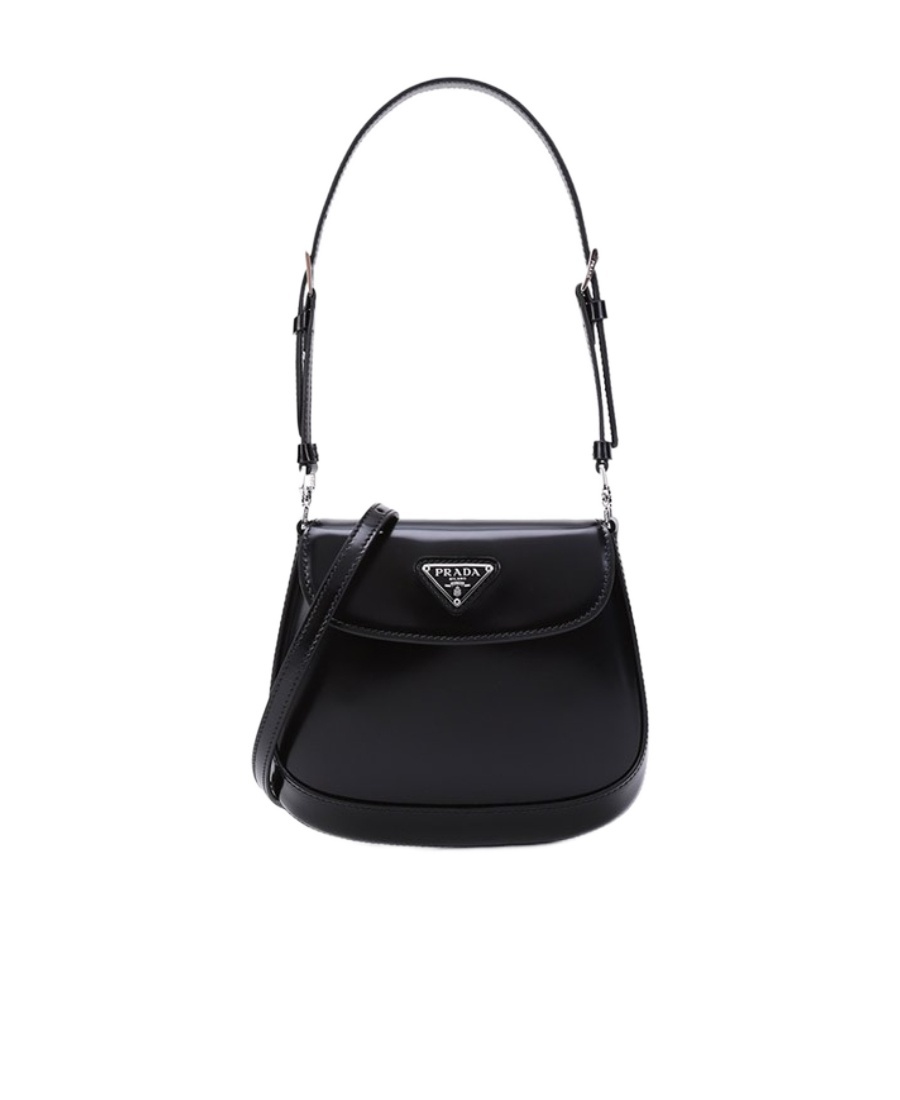 Prada Cleo Glossy Leather Mini Logo Shoulder Bag In Black