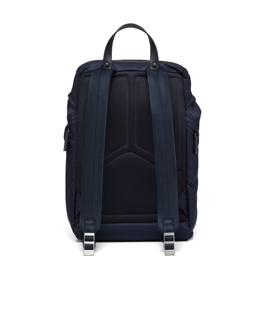 Prada Structured Leather Backpack With Logo Zipper Closure In Blue