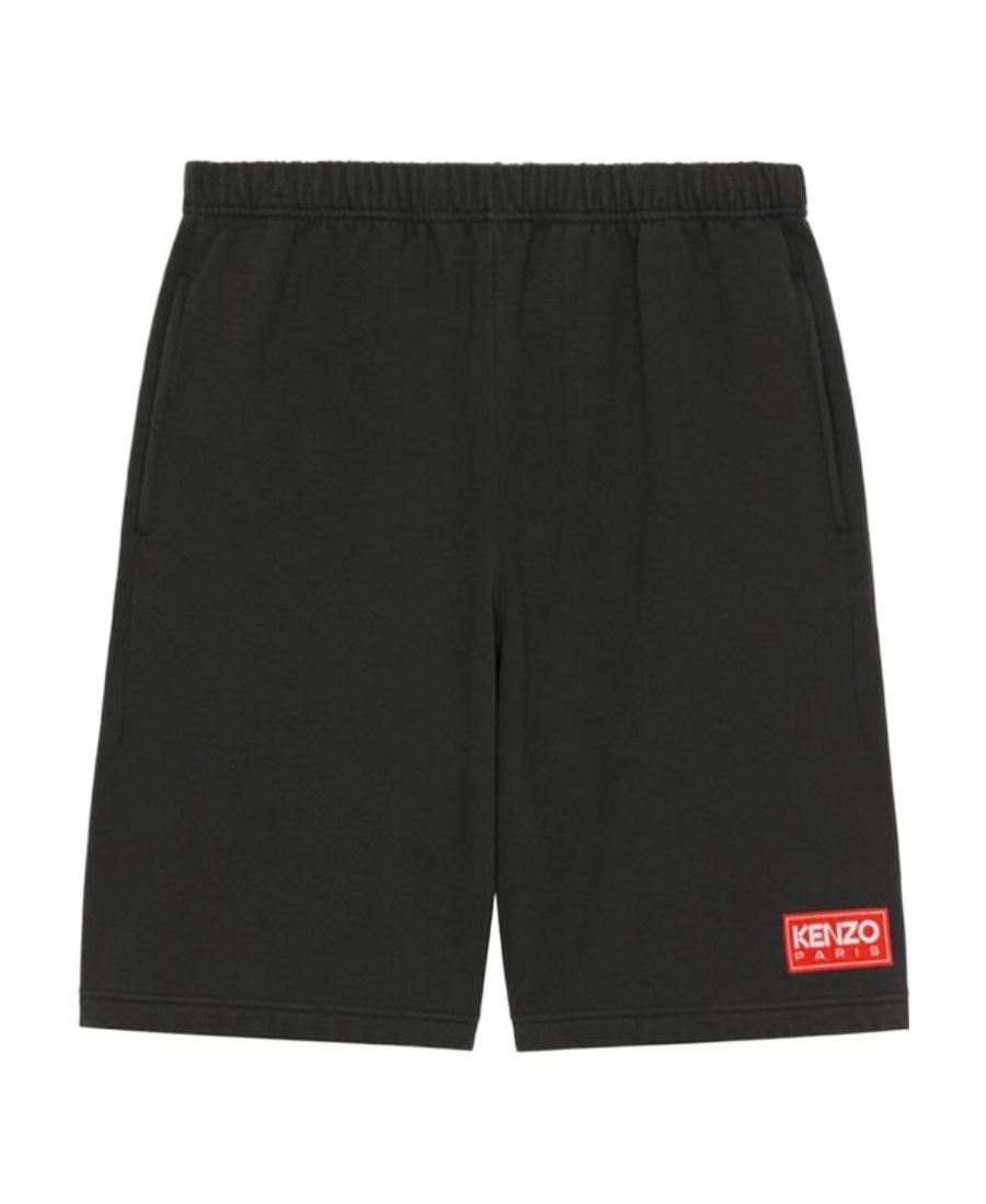 Kenzo Black Bermuda Shorts With Logo Patch In Cotton In Black