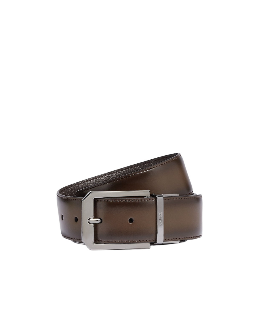 Zegna Grained Leather Reversible Belt In Brown