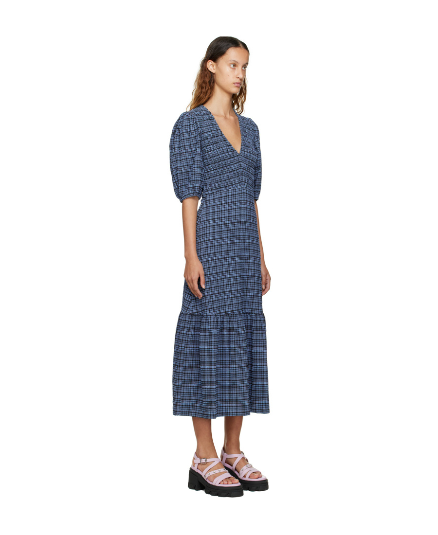 Ganni Check-print Seersucker Midi Dress In Blue