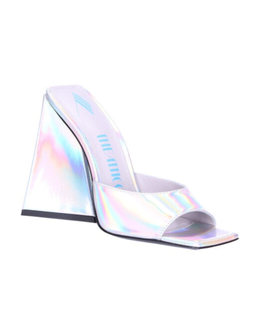 Attico Silver Devon Holographic Mules With Sculpted Heel In White