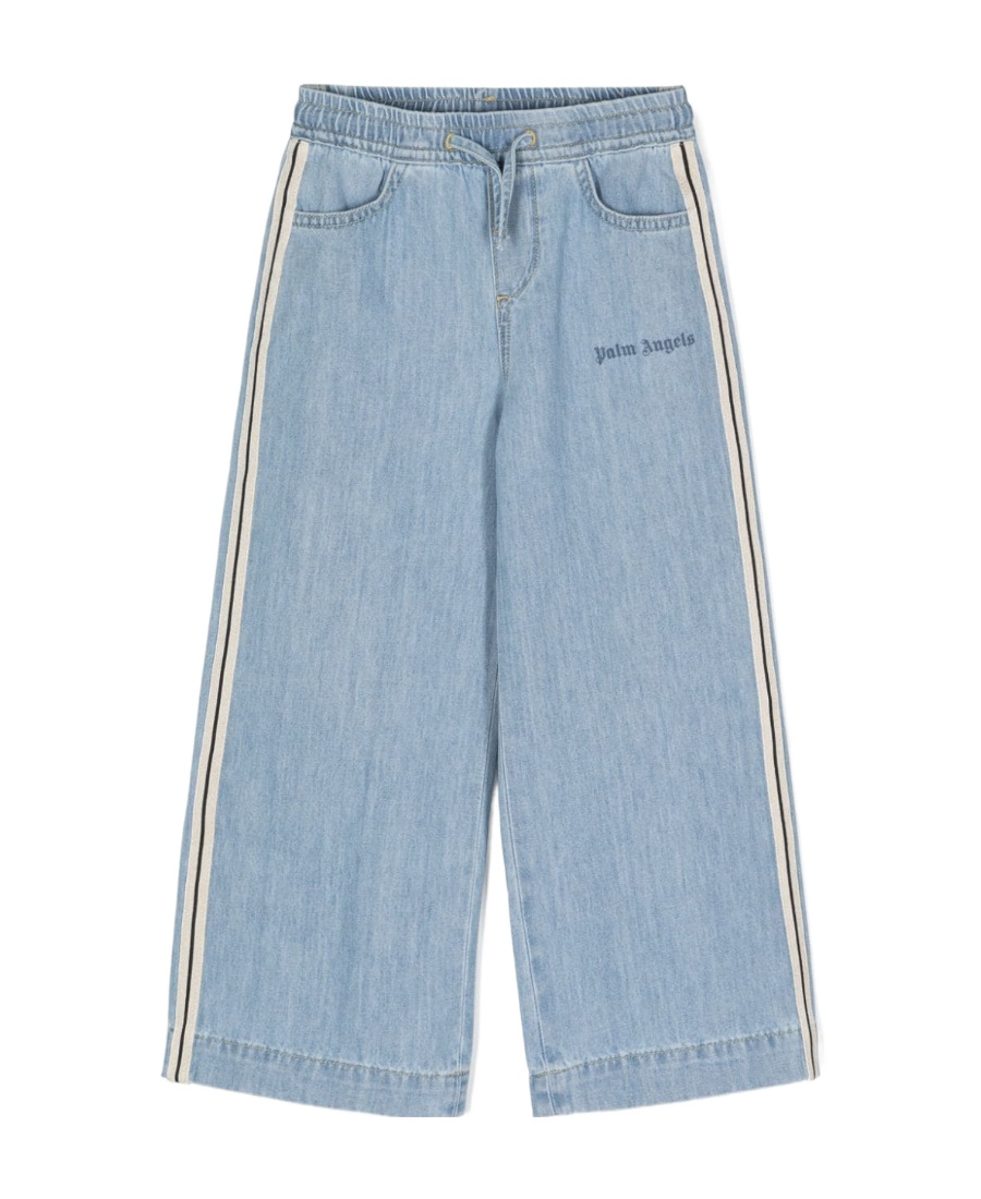 Palm Angels Girls Track Wide Leg Chambray Pants In Blue