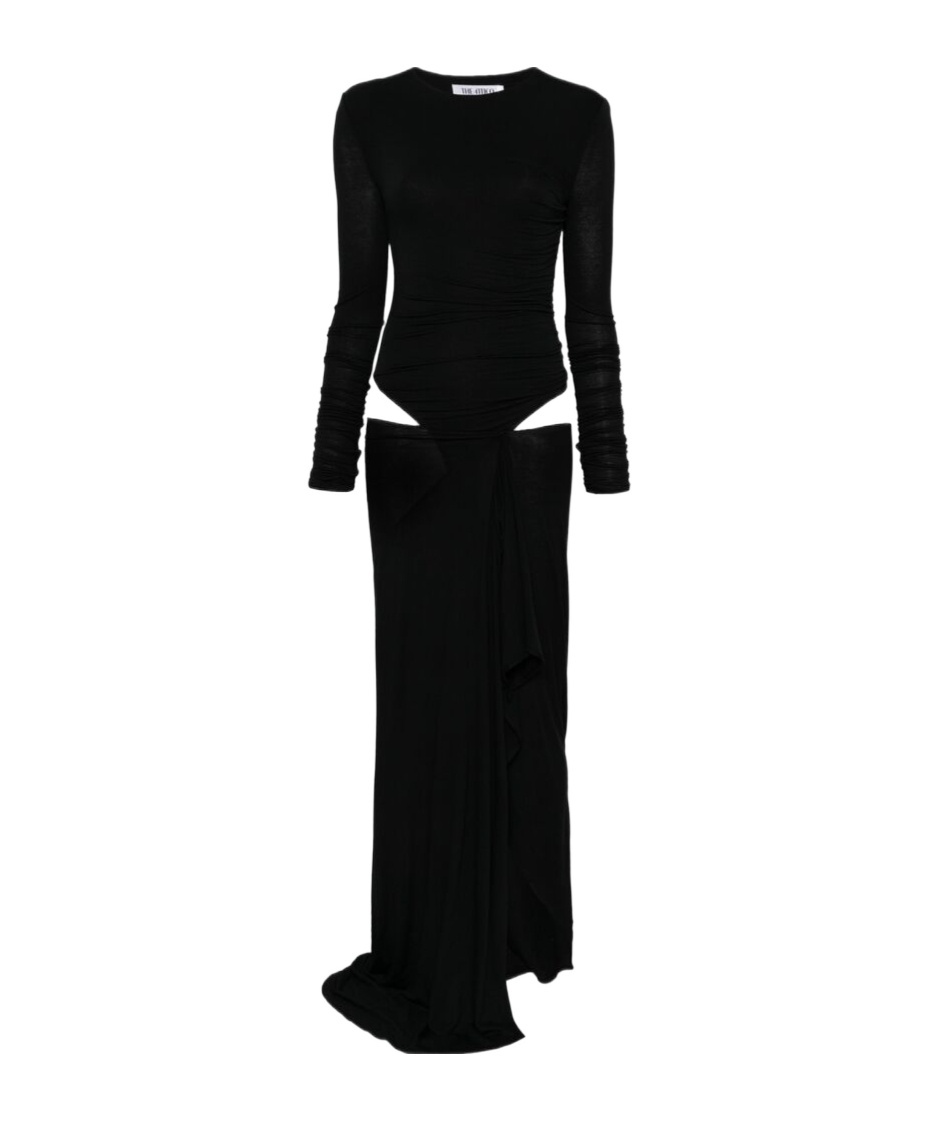 Attico Long Draped Jersey Dress With Pleats In Black