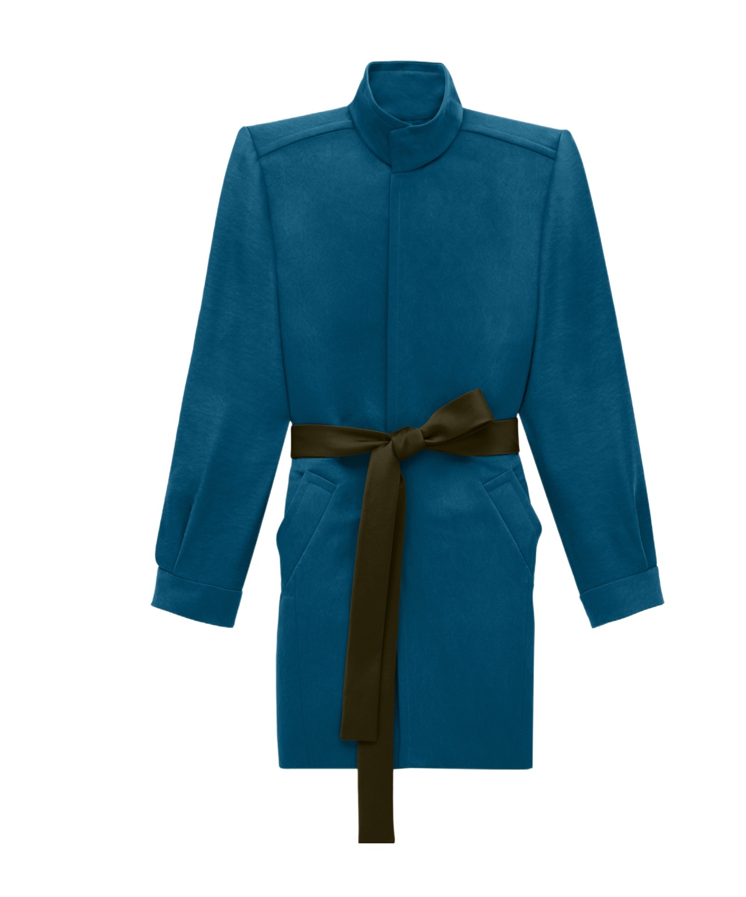 Saint Laurent Belted Coat In Silk Satin In Blue