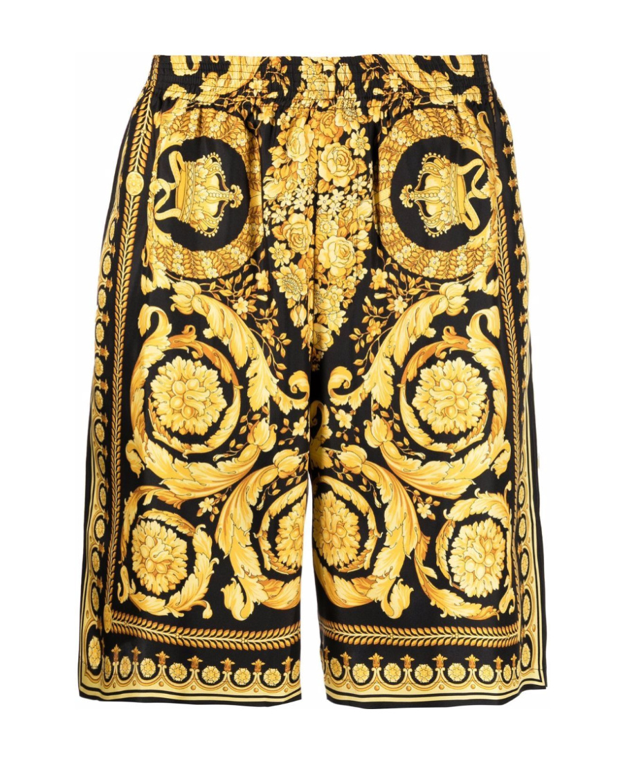 Versace Knee-length Black And Gold Silk Shorts With Barocco Print In Yellow