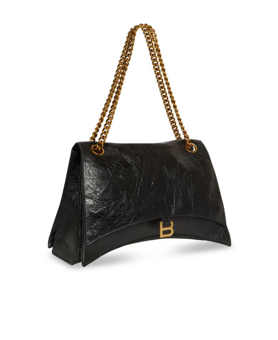 Balenciaga Crush Large Crinkled Leather Chain Shoulder Bag In Black