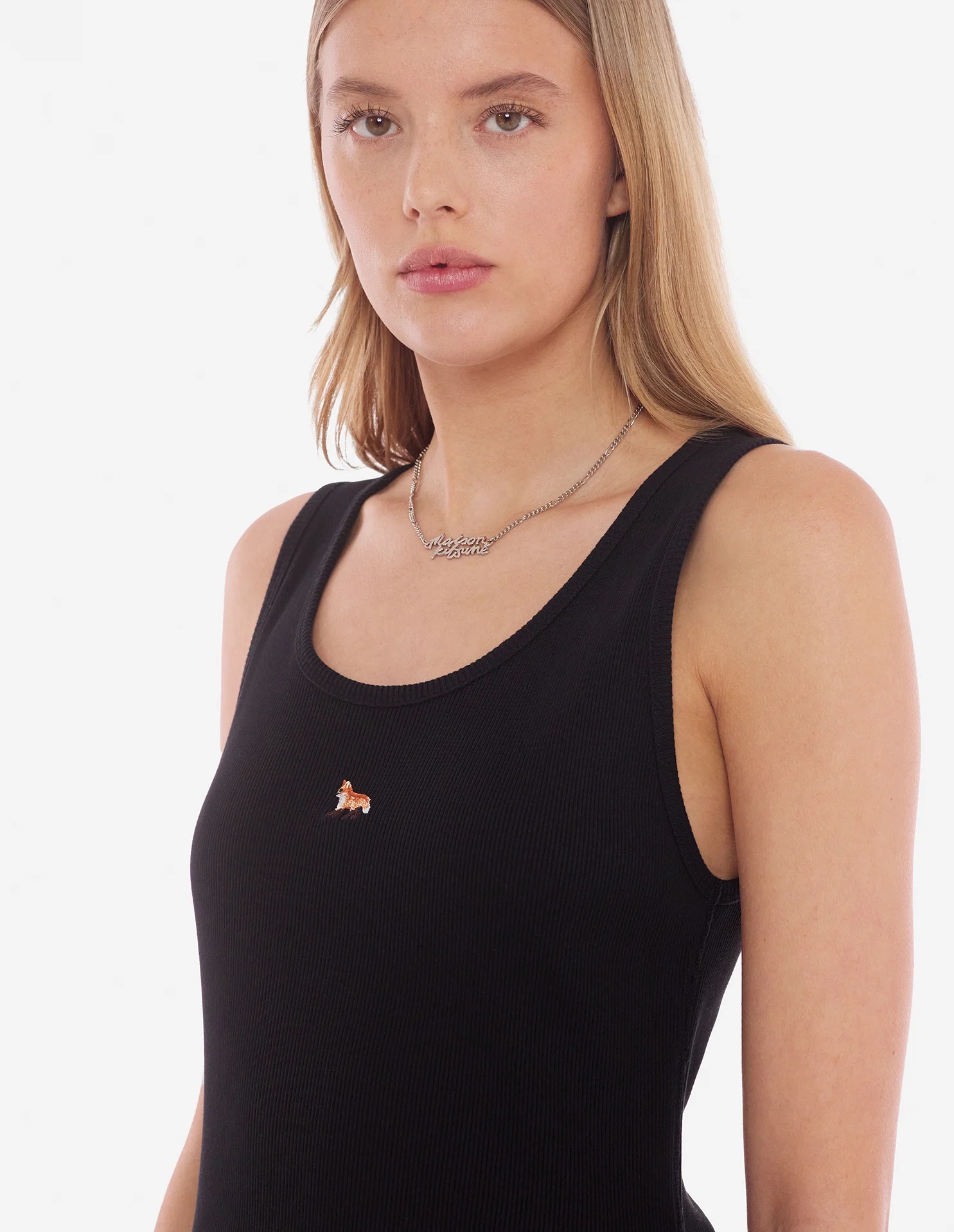 Maison Kitsuné Black Baby Fox Ribbed Tank Midi Dress In Black