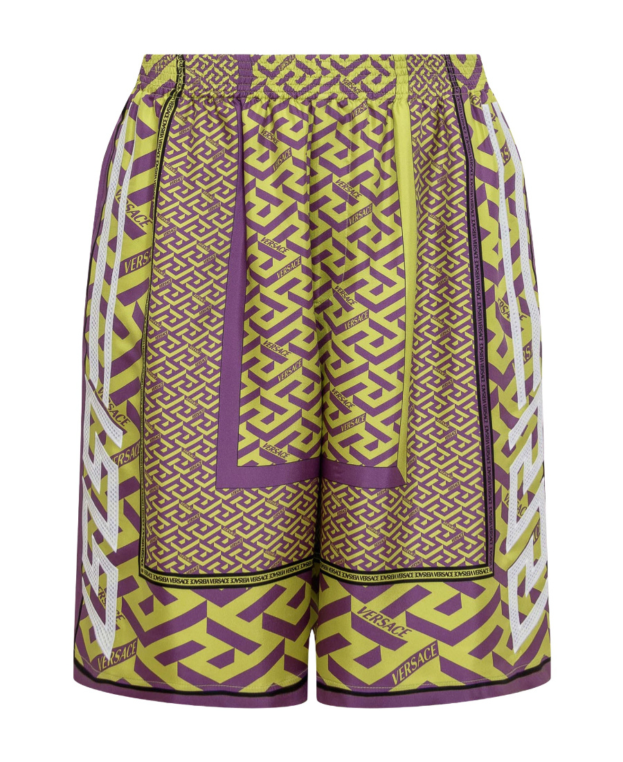 Versace La Greca-print Silk Shorts In Green