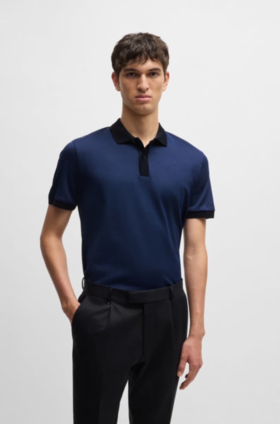 Hugo Boss Structured-cotton Polo Shirt With Solid Trims In Blue
