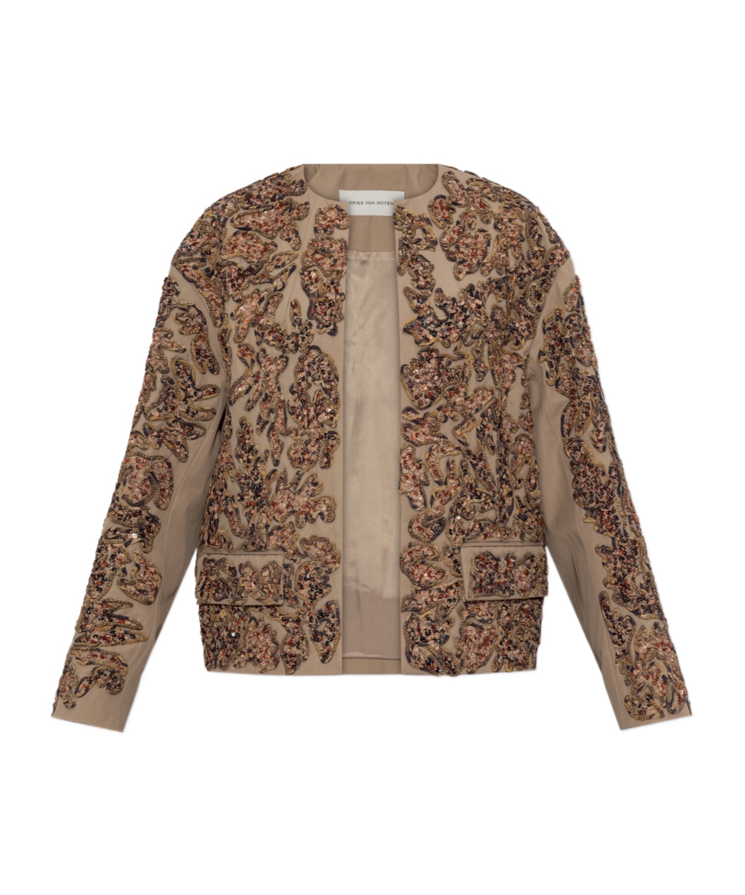 Dries Van Noten Vonda Sequined Open Front Jacket In Beige