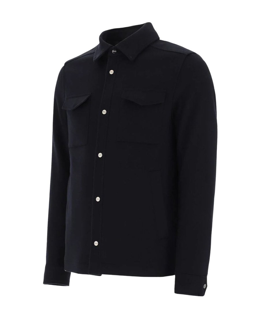 Herno Snap Front Chest Flap Pocket Brushed Wool Cashmere Blend Lined Shirt Jacket In Black