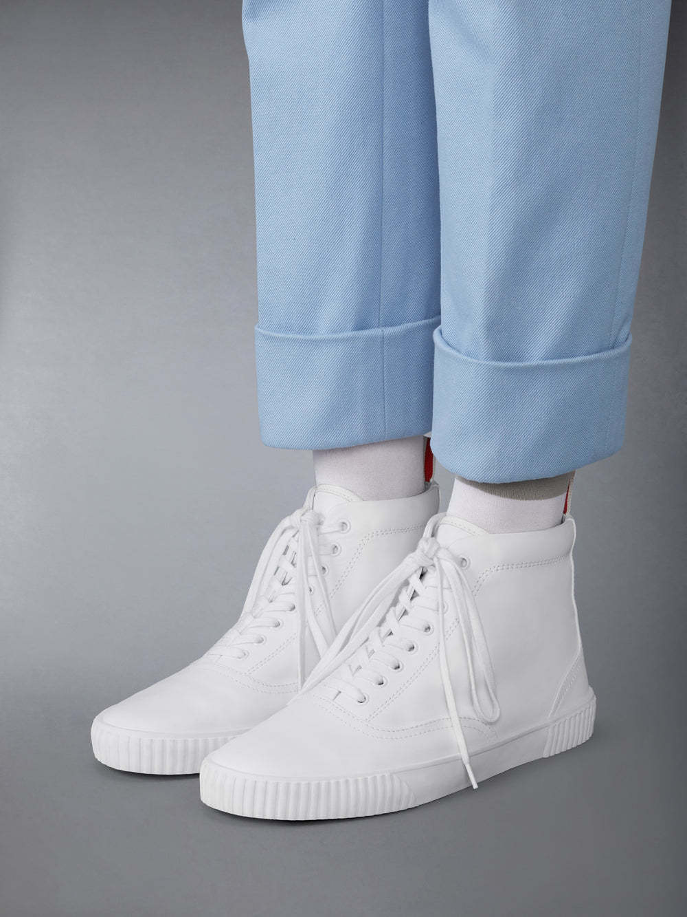 Thom Browne White Vitello Calf Leather High Top Heritage Sneakers In White