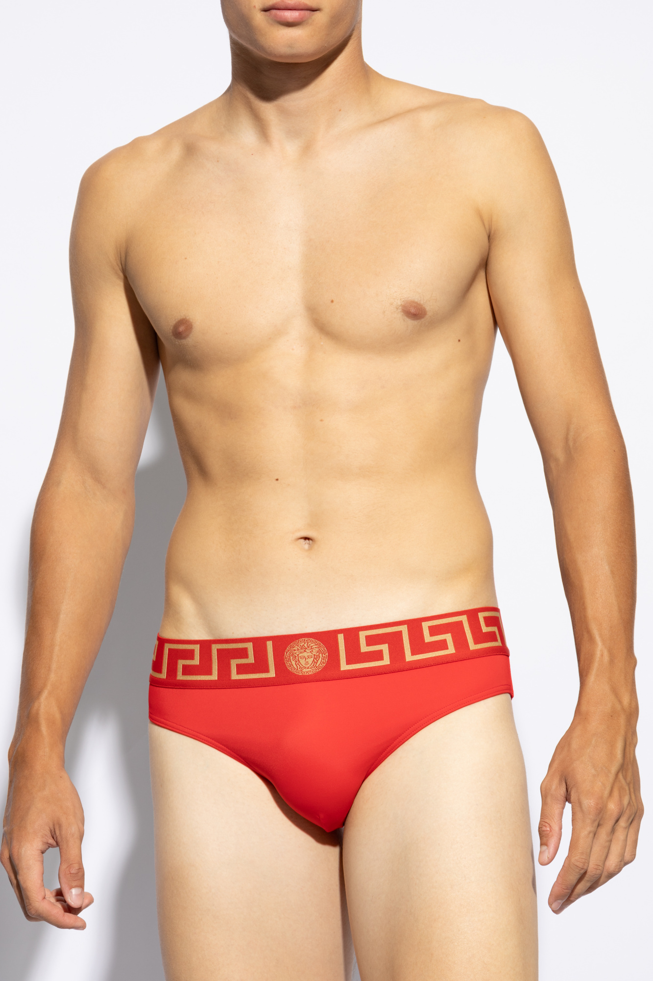 Versace Iconic Slim-fit Stretch-cotton Briefs In Red