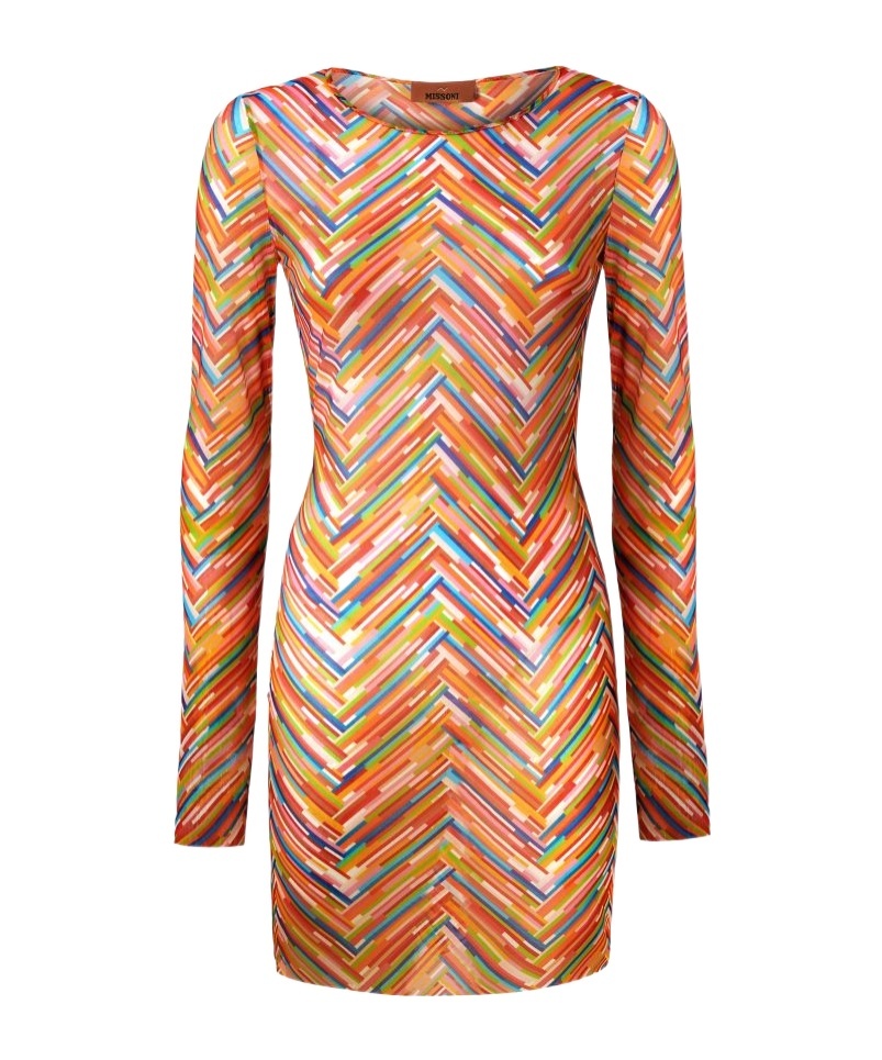 Missoni Long-sleeved Dress In Printed Tulle In Brown