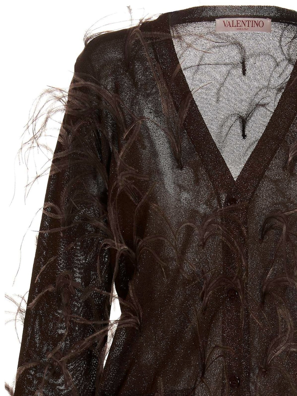 Valentino 'feather V-neck Sheer Cardigan With Ribbed Cuffs' In Black