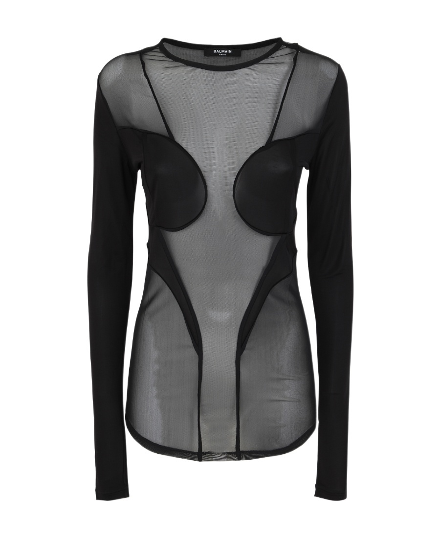 Balmain Black Long Sleeve Top With Semi-transparent Fabric In Black