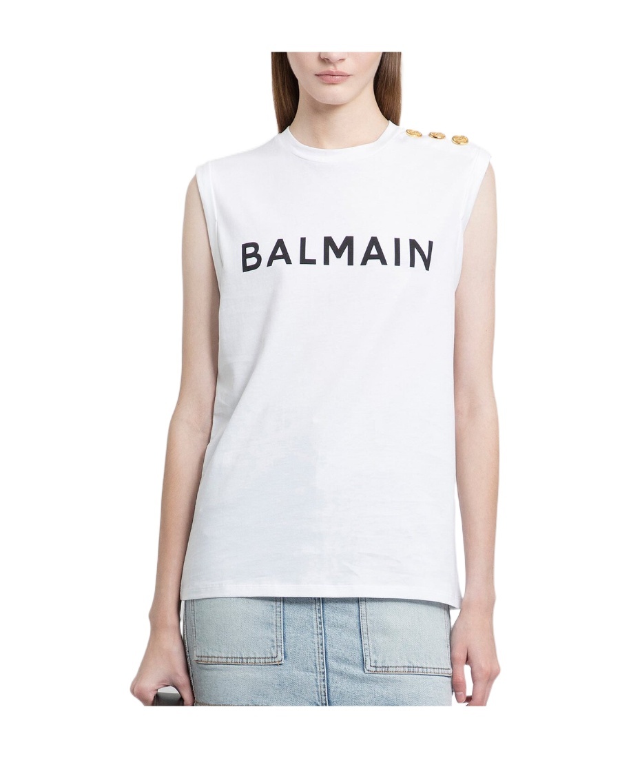 Balmain Logo Cotton Jersey Tank Top In White