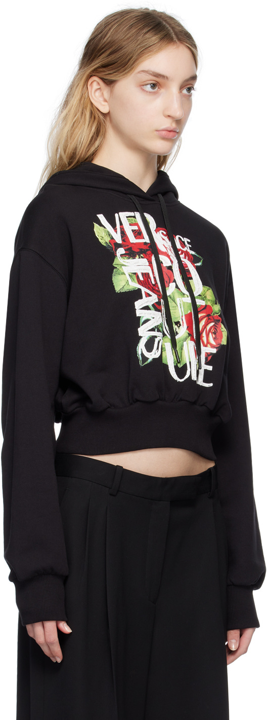 Versace Jeans Cropped Logo-print Cotton Hoodie In Black