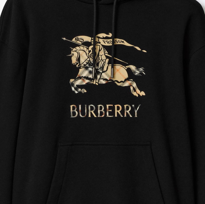 Burberry Men Black Hoodie With Drawstring Hood And Ekd Print And Logo Lettering On The Front In Cott In Black