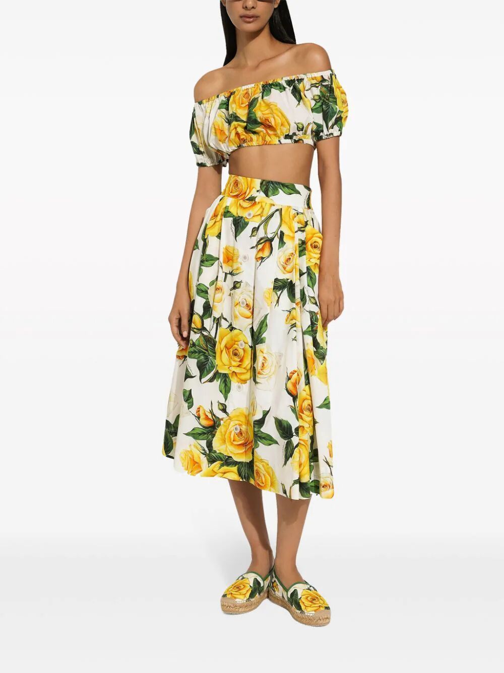 Dolce & Gabbana Dolce Gabbana Rose Printed Pleated Midi Skirt In Yellow