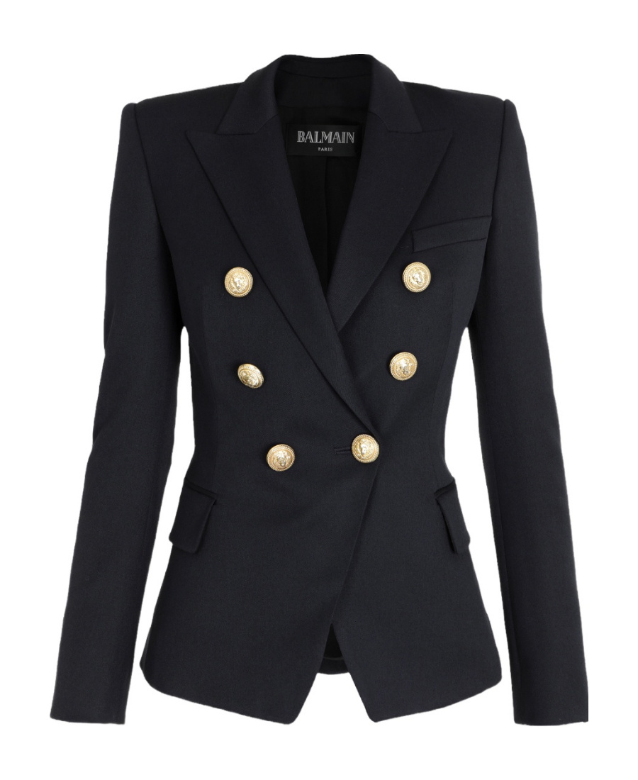 Balmain Black Double-breasted Jacket With Branded Buttons And Asymmetric Cut In Wool Woman In Black