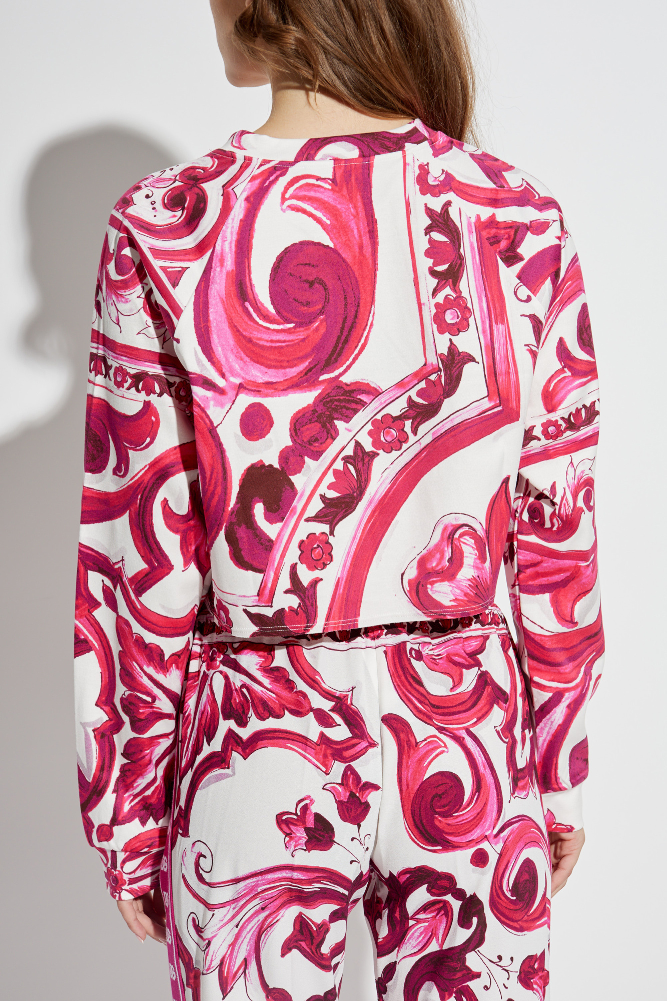 Dolce & Gabbana Majolica Cropped Cotton Jersey Sweatshirt In Pink