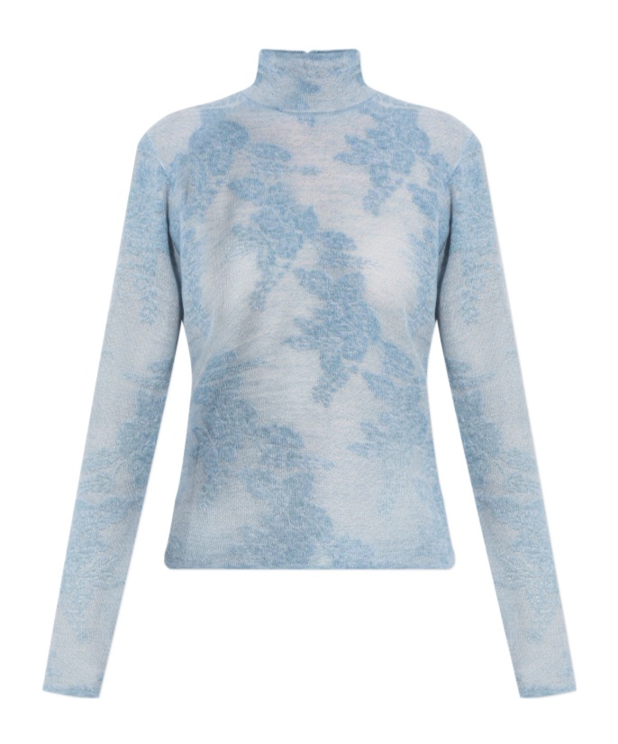 Ganni Flower-jacquard Mockneck Sweater In Blue