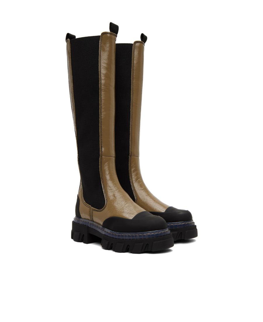Ganni Khaki Cleated Boots In Black