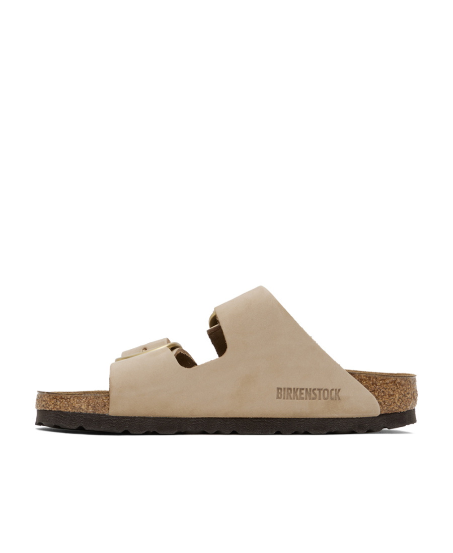 Birkenstock 'arizona' Beige Slip-on Sandals With Engraved Logo In Suede And Cork Woman In Brown