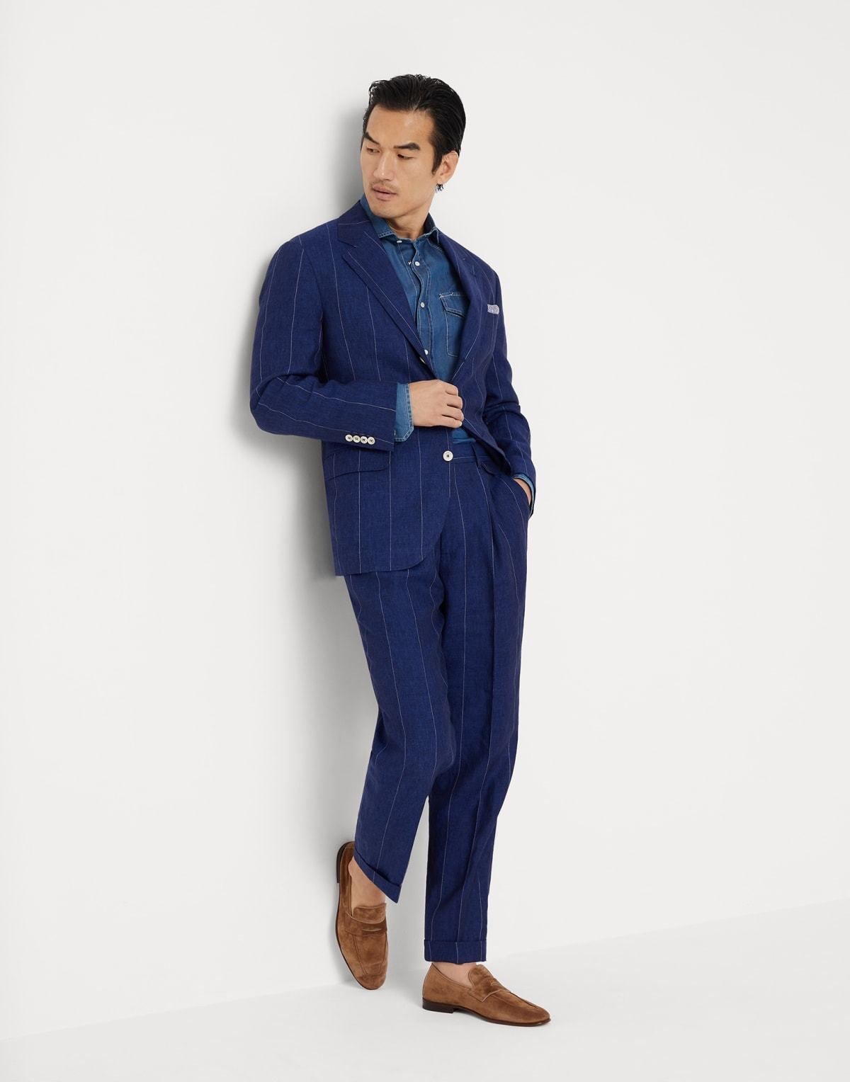 Brunello Cucinelli Men Easy Fit Shirt In Light Denim With Press Studs In Blue