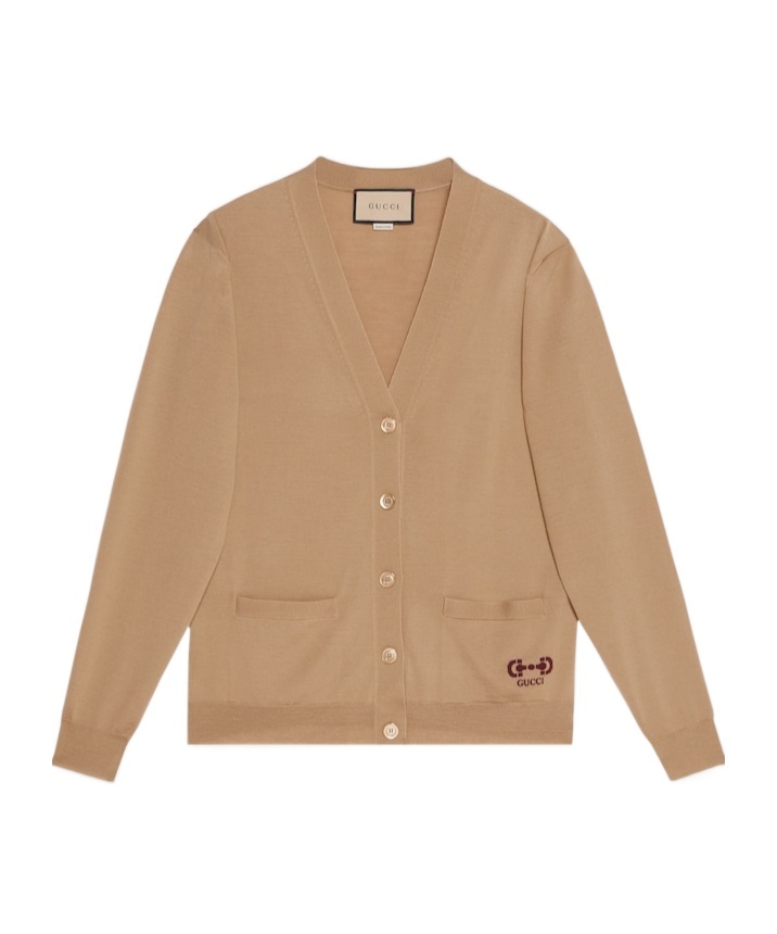 Gucci Embroidered-logo Wool Cardigan In Nude