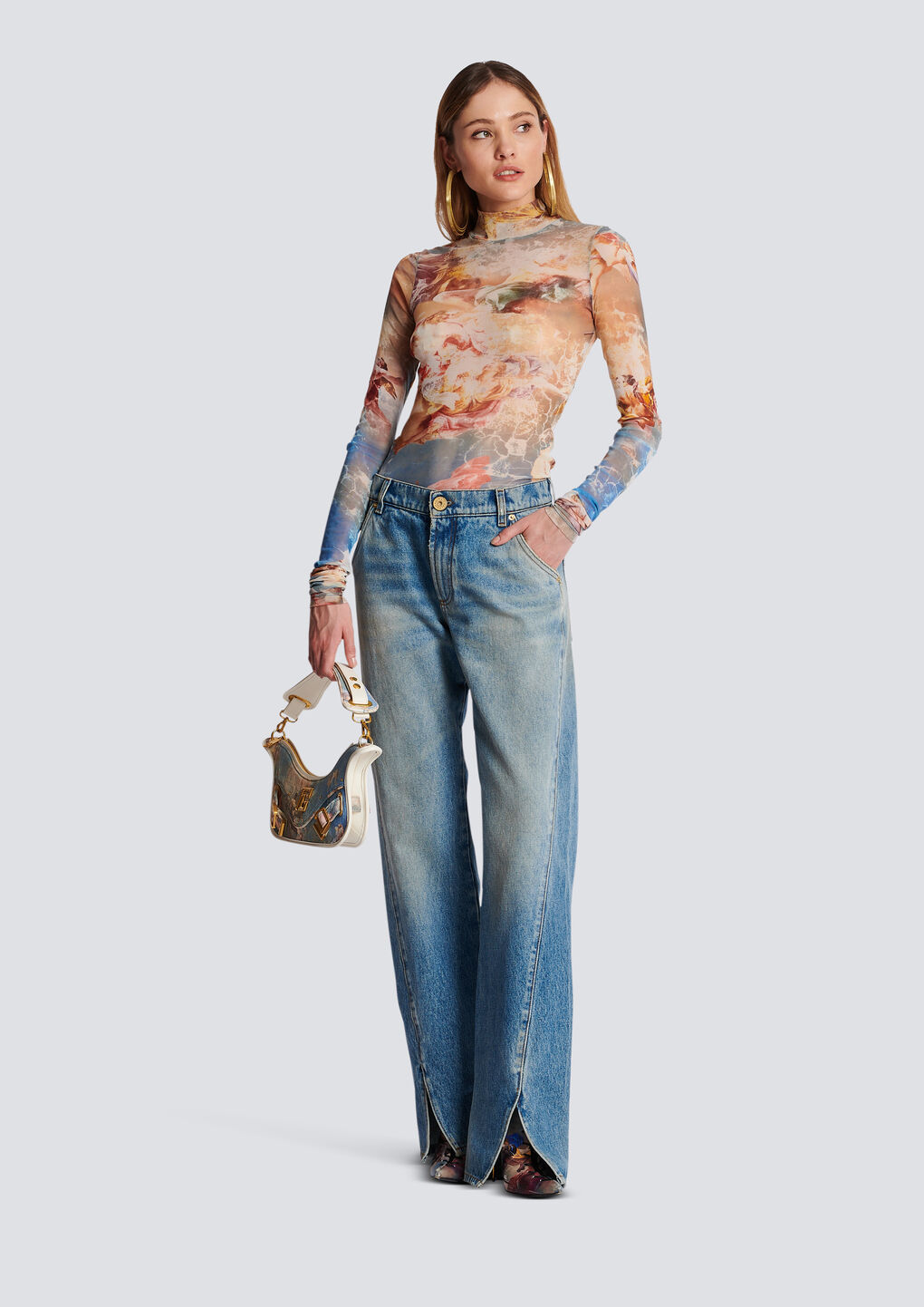 Balmain Sky Printed Tulle Top In White