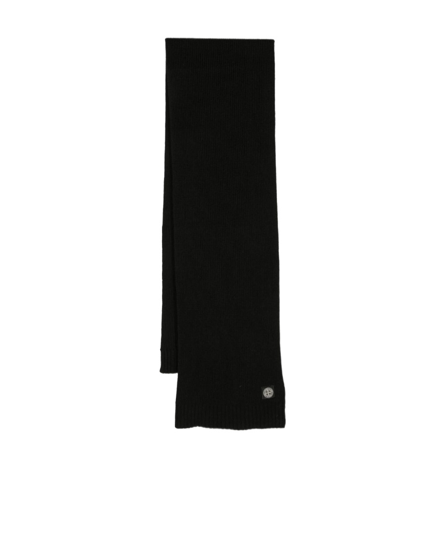 Stone Island Compass-patch Ribbed-knit Scarf In Black