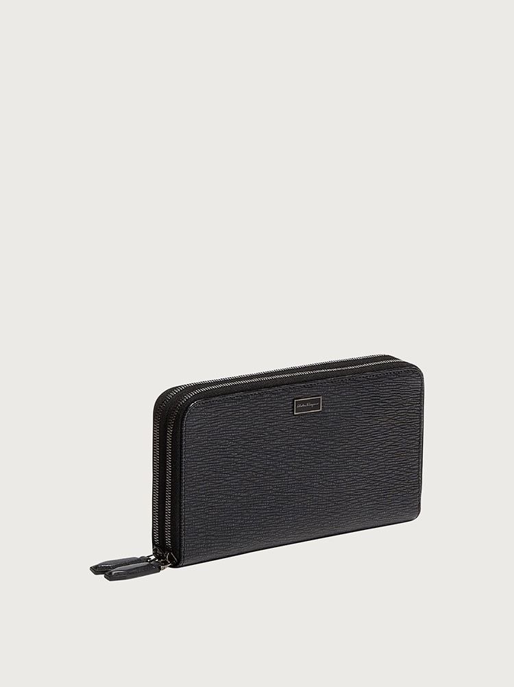 Ferragamo Salvatore Embossed Leather Zip Around Wallet In Black