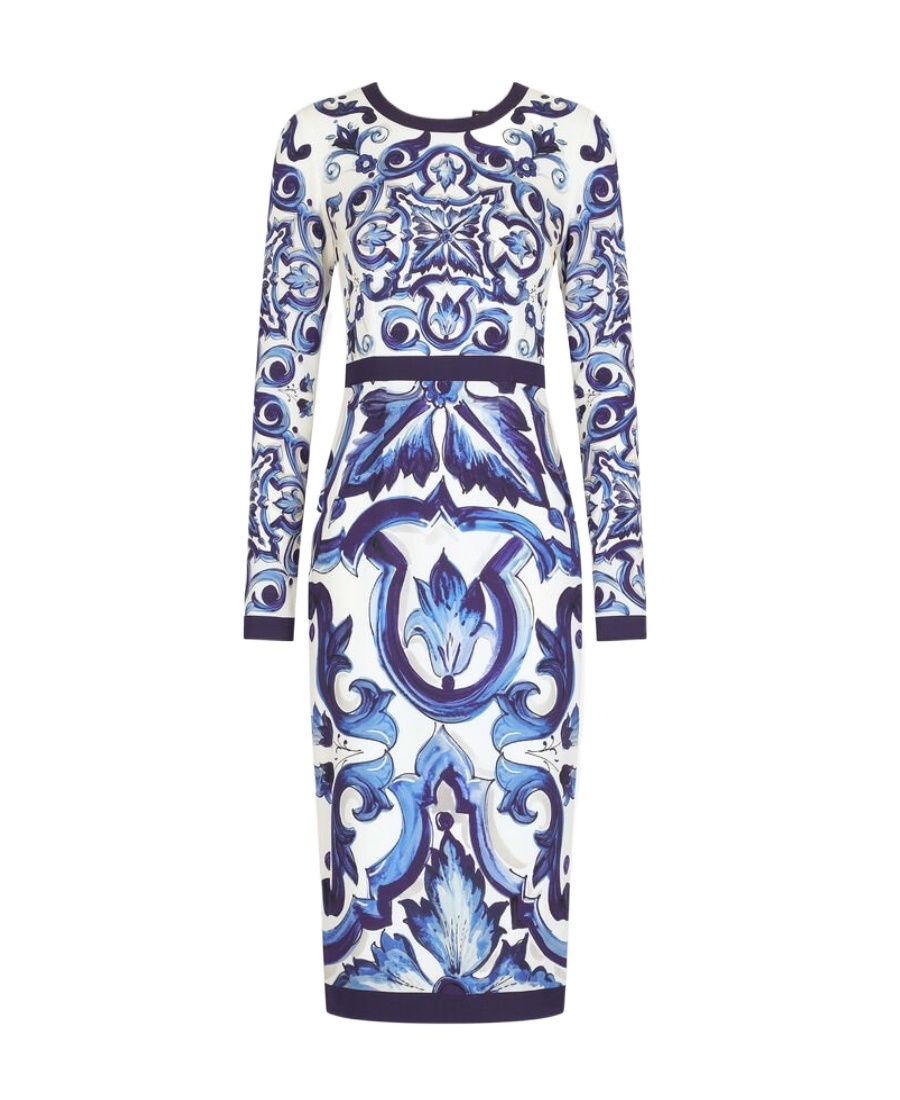 Dolce & Gabbana Blu Mediterraneo Painterly Long-sleeve Midi-dress In Blue