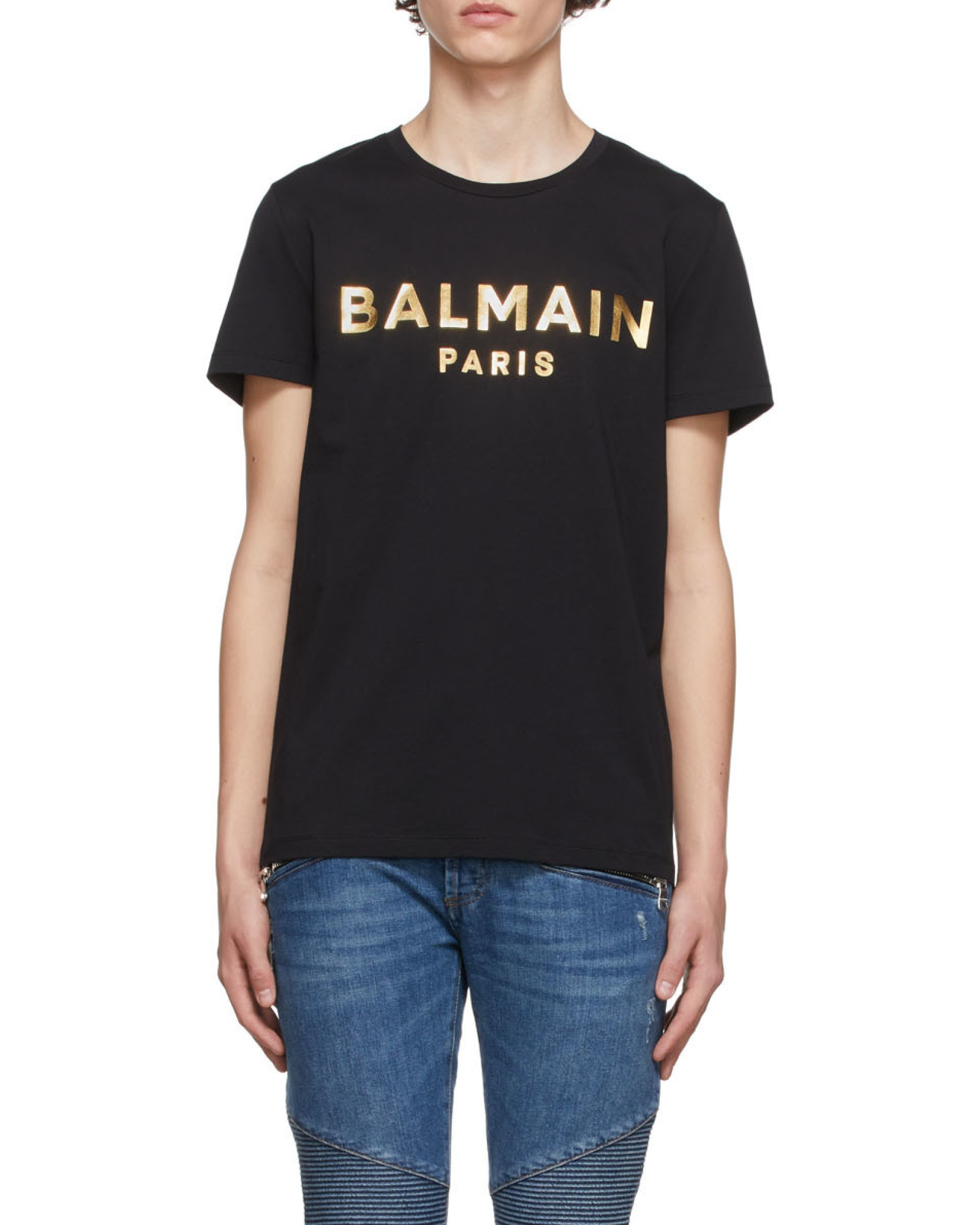 Shop Balmain Metallic Logo-print Cotton T-shirt In Black