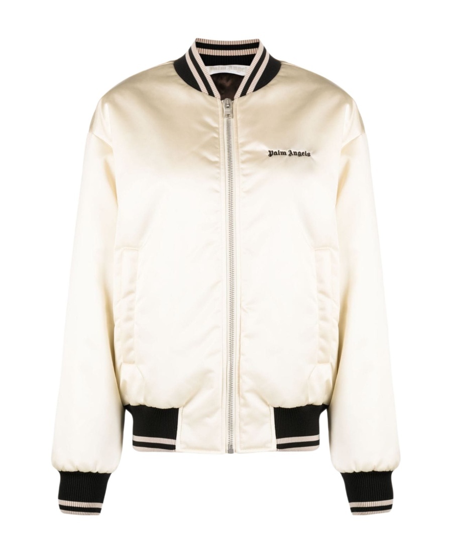 Shop Palm Angels Logo Embroidered Zipped Bomber Jacket In White