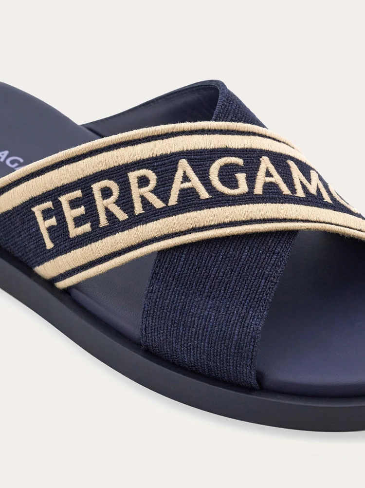 Ferragamo Logo Cross-strap Slippers In Black