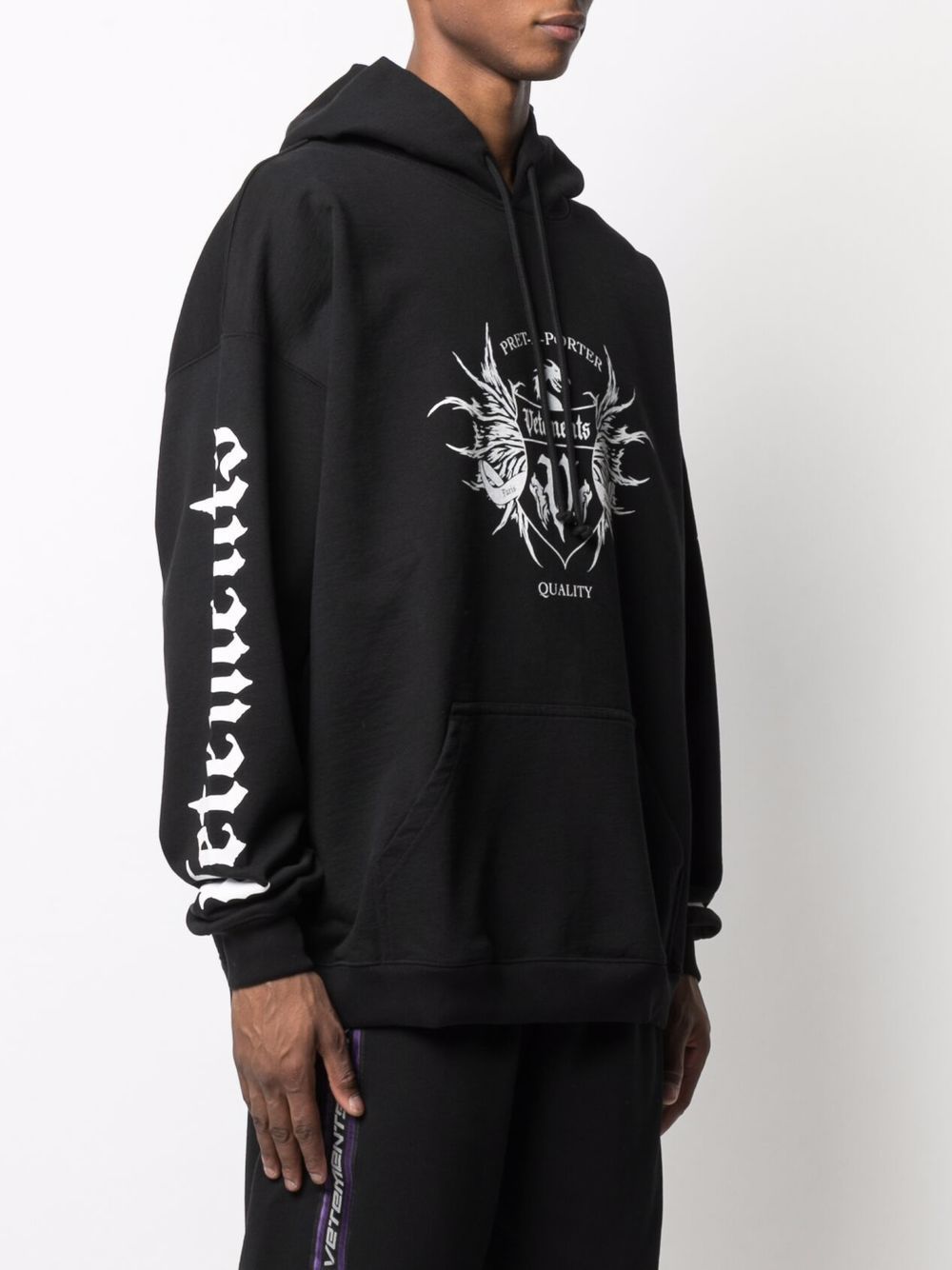 Shop Vetements Black Logo Printed Long-sleeved Hooded Sweater