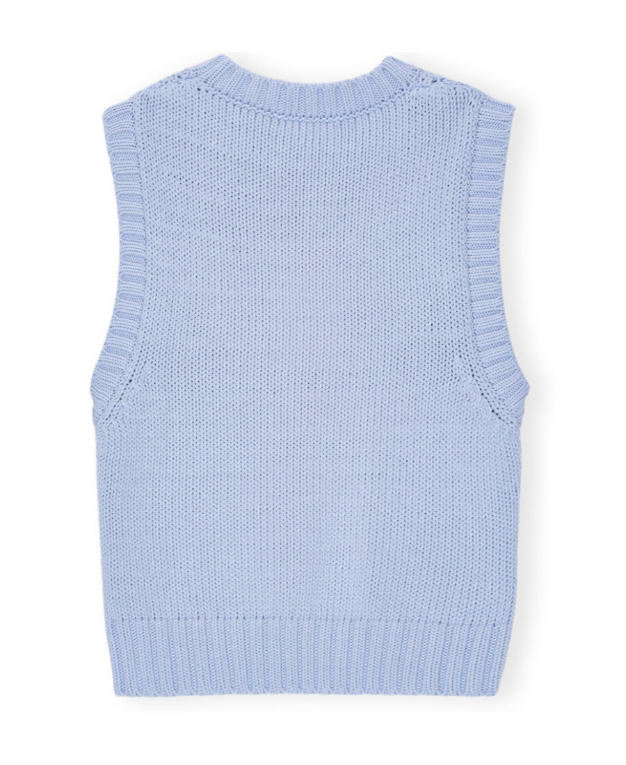Ganni Intarsia-knit Logo-organic-cotton Vest In Blue