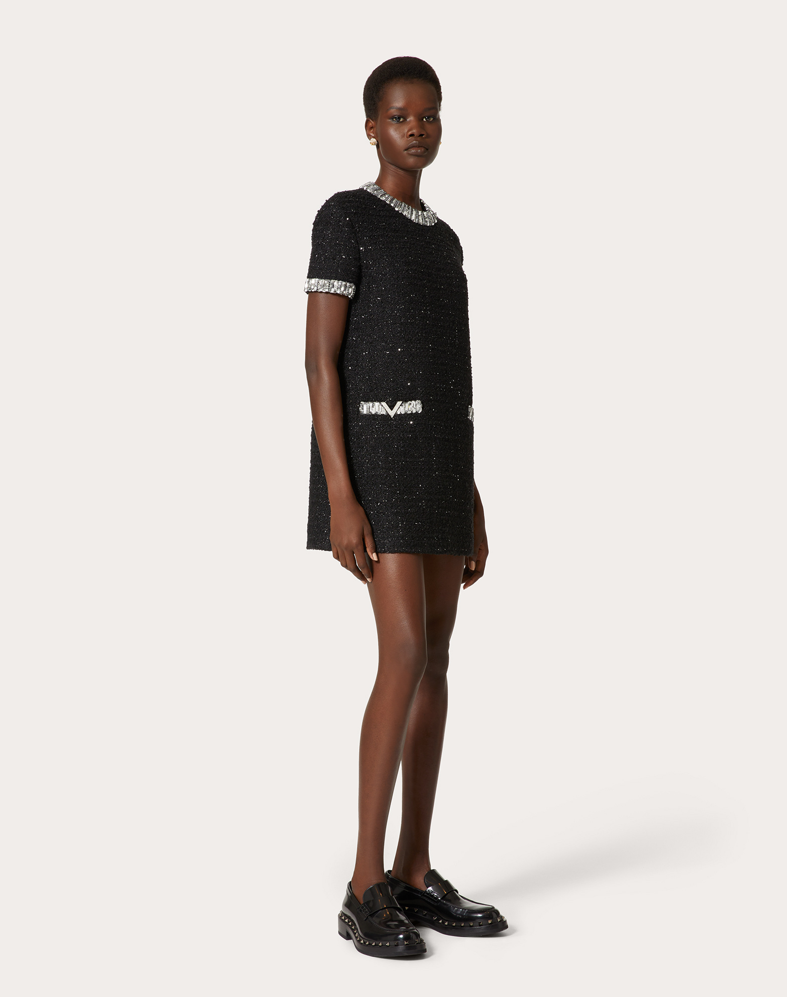 Valentino Tweed Embroidered Mini Dress With Patch Pockets In Black