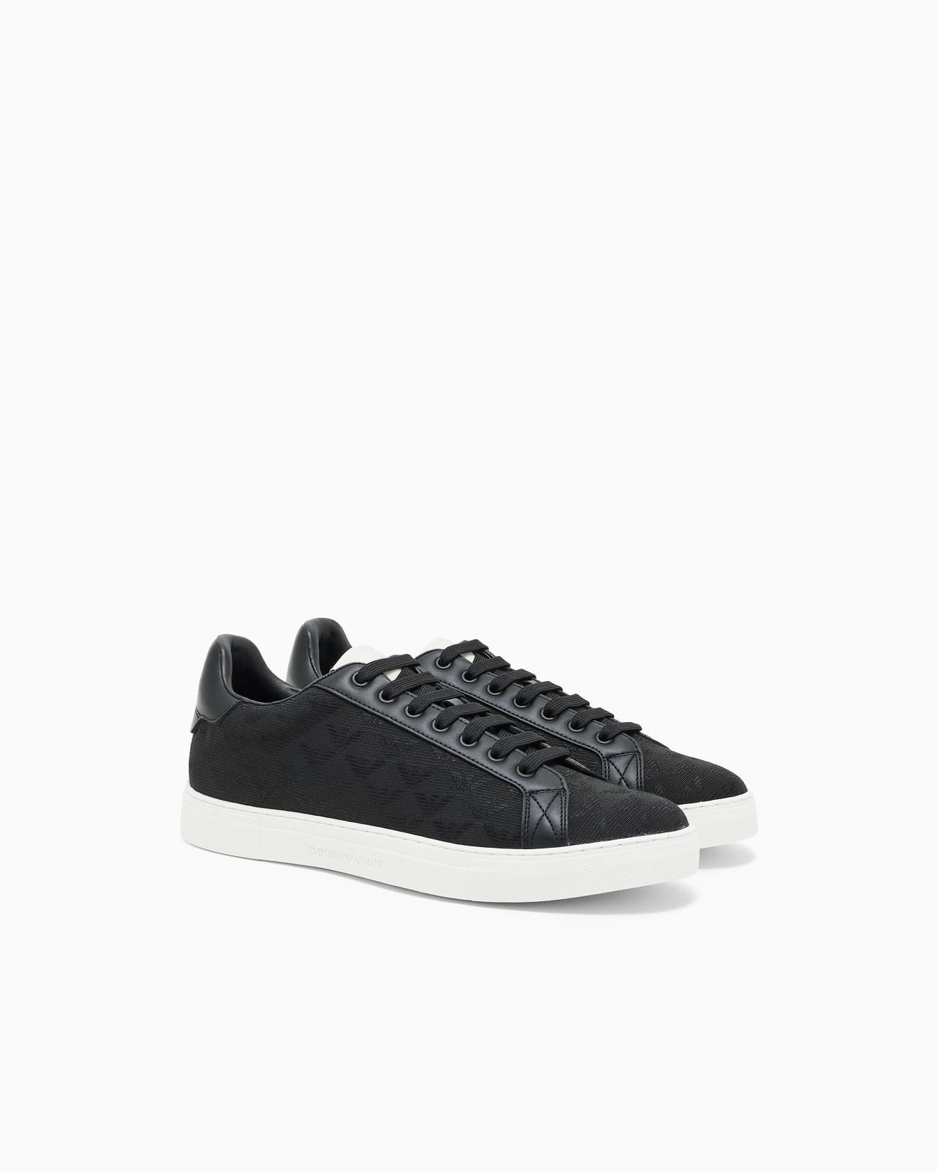 Emporio Armani Nylon Sneakers With Jacquard All-over Eagle In Black