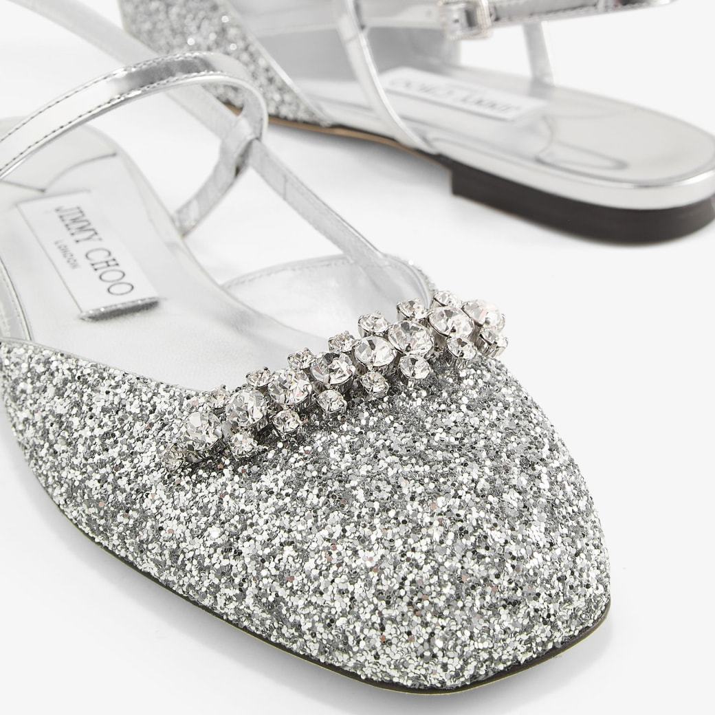Jimmy Choo Glitter Pointed Toe Sandals With Embellished Detail In Silver