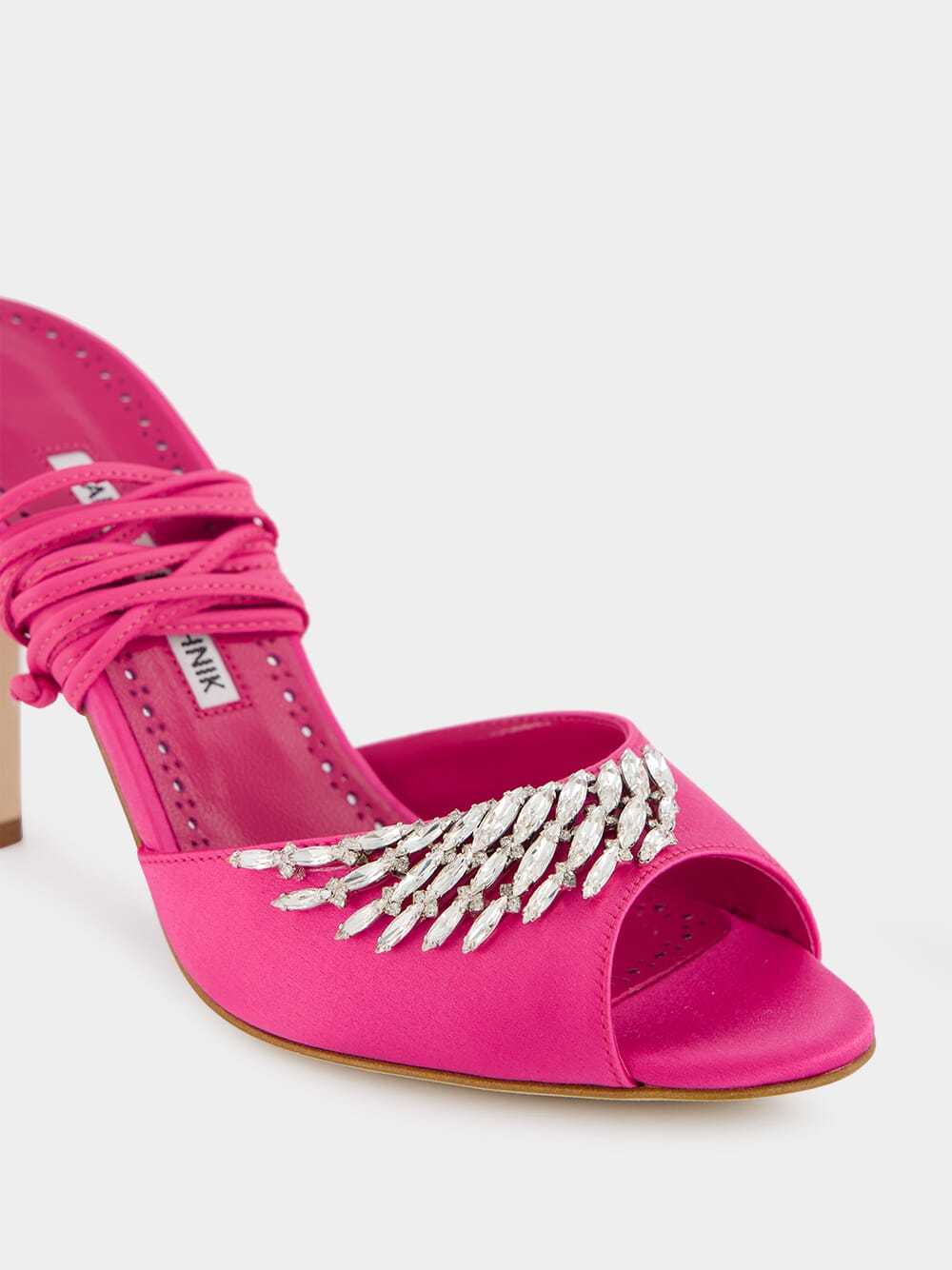 Manolo Blahnik Plumena Embellished Satin Sandals In Pink