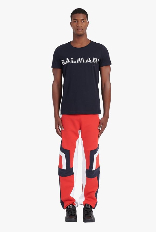 Shop Balmain Navy Blue Cotton T-shirt With White Logo Print In Black